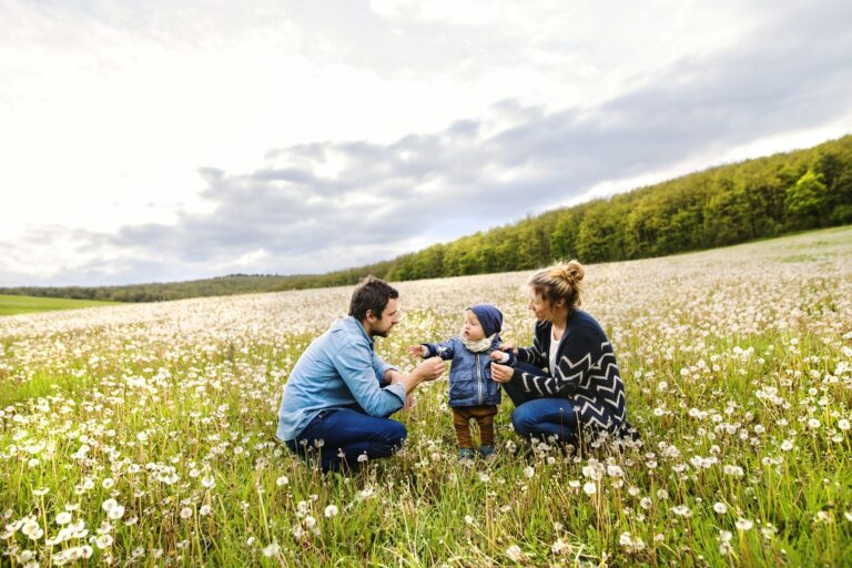 Cute little boy with parents in dandelion field