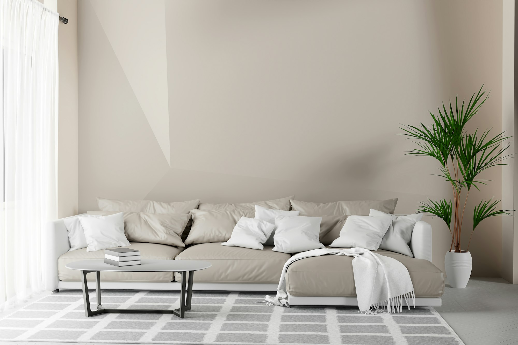 Stylish interior of living room with design beige sofa and carpet in elegant home decor. 3d render