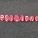 Resilience word composed with red colored stone letters over black volcanic sand