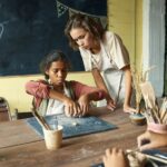 Young teacher of handcraft helping one of pupils at lesson